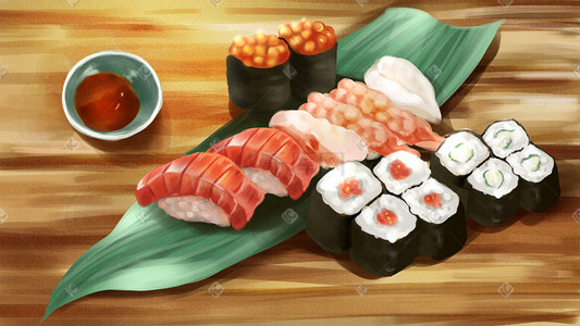 日本寿司插画图片_美食寿司手绘插画