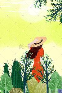 绿色分层插画图片_手绘唯美红裙子夏至海报