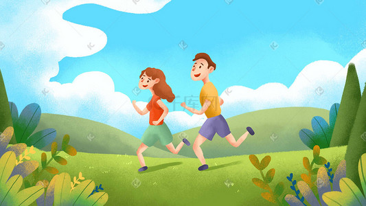 男女小人插画图片_郊外跑步健身男女插画