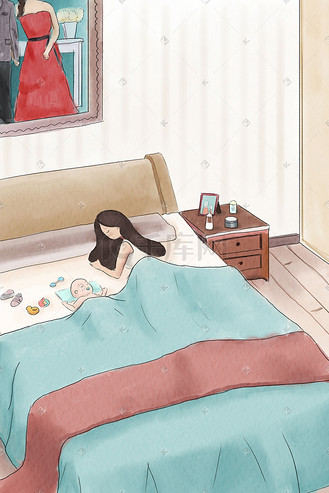 温馨母子插画图片素材_母亲节母女睡觉插画