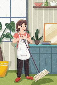 51劳动节少女打扫卫生大扫除室内家庭插画