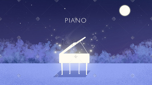 夜晚的月亮插画图片_静夜里的乐器钢琴