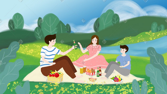 一家人野外春游野餐山水户外扁平手绘插画