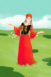 维吾尔族插画图片_小清新少数民族维吾尔族少女插画