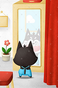 花盆在插画图片_在衣柜前照镜子的小狗哈士奇
