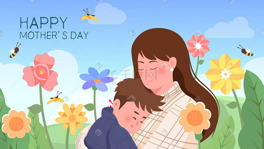 母亲节花卉插画图片_亲子母亲节感谢母亲春季风景横幅公众号配图