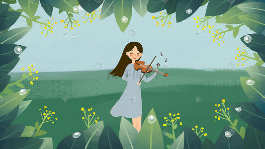 露珠叶子插画图片_白露节气外出拉小提琴