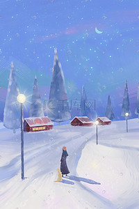 月是故乡明插画图片_冬季故乡的大雪风景人物手绘插画