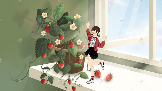 草莓女孩插画图片_夏天创意草莓盆栽
