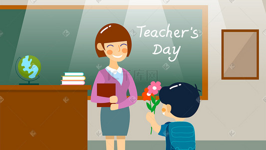 二十大标语墙插画图片_教师节学生给老师献花感恩