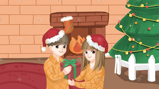 红色调插画图片_圣诞节圣诞情侣插画圣诞