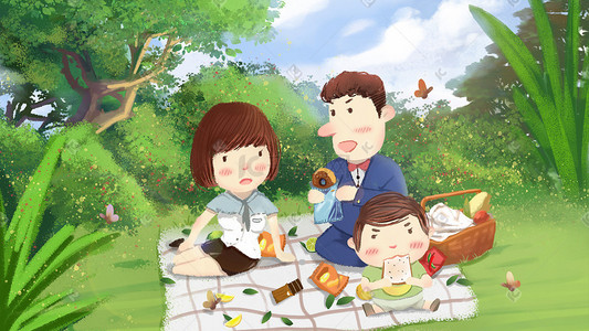 面包甜甜圈插画图片_温馨家庭-踏青野餐