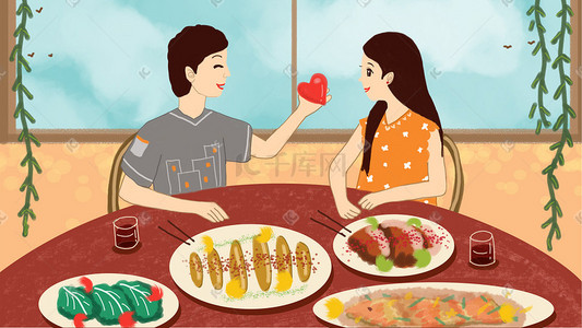 情人小清新插画图片_小清新情侣约会吃饭餐厅