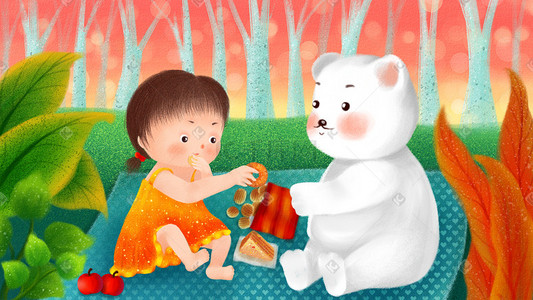原创儿童插画小女孩和白熊野餐六一
