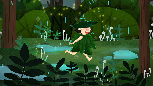 春分雨水插画图片_春天春分二十四节气清明雨天树林里的小精灵