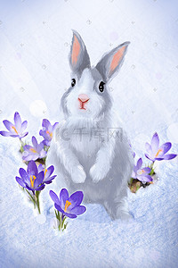 雪地手绘插画图片_治愈动物雪地兔子