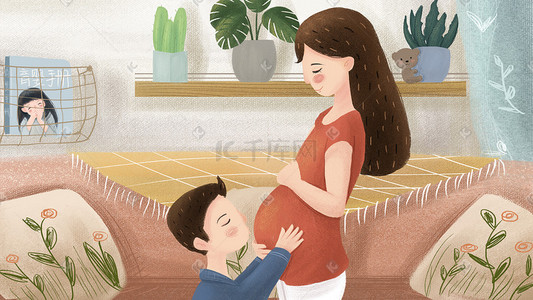 孕妇插画图片_母婴主题孕妇爸爸家庭手绘风格