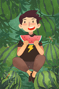 夏天西瓜地插画图片_在西瓜地里吃西瓜的小男孩