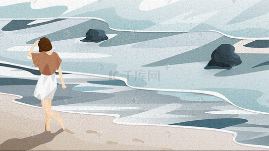 psd床上用品样机插画图片_女孩在海边沙滩上散步留下一串脚印