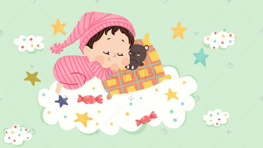 婴儿元素组合插画图片_春天卡通小清新婴儿睡觉配图
