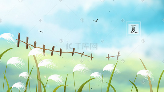 天空和插画图片_夏日的芦苇和远处的栅栏