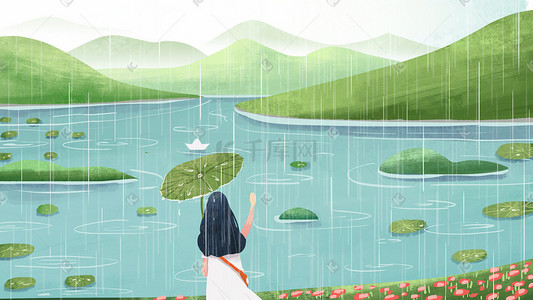 谷雨小清新插画图片_春雨谷雨小女孩湖边放纸船小清新横图