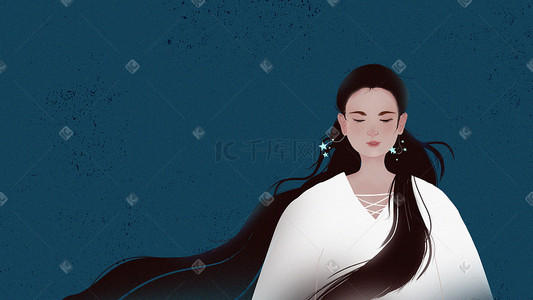 蓝色中国风海报插画图片_蓝色古典文艺长发女子插画