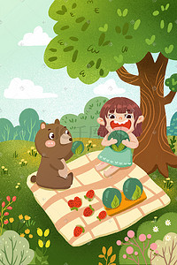 少女旅行插画图片_清明节少女和熊吃青团野餐