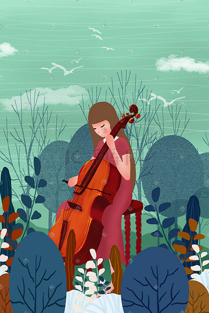 丛林演奏大提琴的少女插画