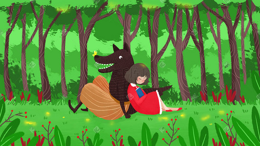休息动物插画图片_狼和少女的森林之约