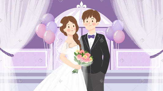 婚礼动态图插画图片_紫色浪漫婚礼场景新郎新娘手绘插画