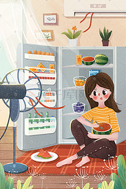 小清新夏天女孩冰箱吃西瓜