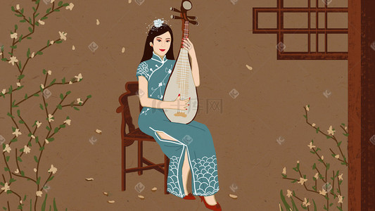 风情文化插画图片_复古风民国蓝色旗袍弹琴