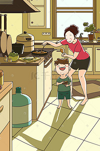 苏醒了干饭时刻插画图片_母子厨房的幸福时刻