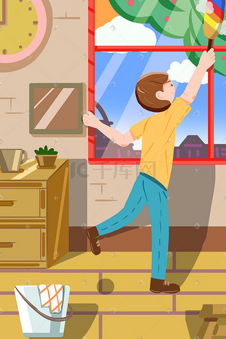 51劳动节劳动青年男孩打扫卫生室内插画