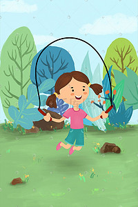 运动插画图片_全民运动暑期儿童跳绳手绘插画