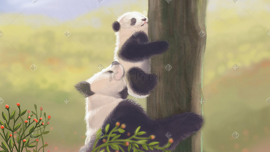 大熊猫走路插画图片_治愈系大熊猫母子情
