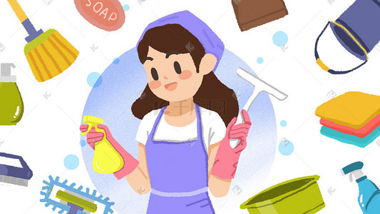 各种清洁工具插画图片_职业清洁人员保洁人员插画