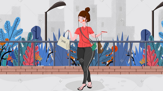 手机主题插画图片_城市生活主题系列插画——逛街女孩