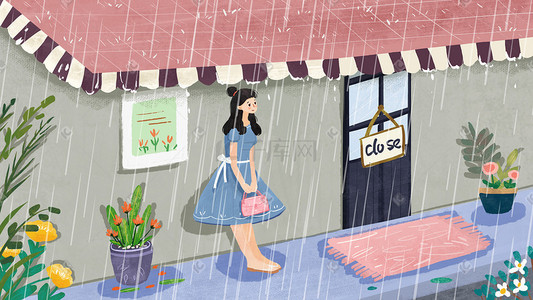 门口横条插画图片_女孩下雨天在花店门口躲雨