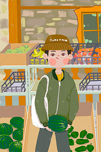 有机蔬菜蔬菜插画图片_城市生活之买西瓜男孩竖版