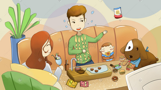 温馨家庭客厅插画图片_温馨家庭-家人-父母孩子