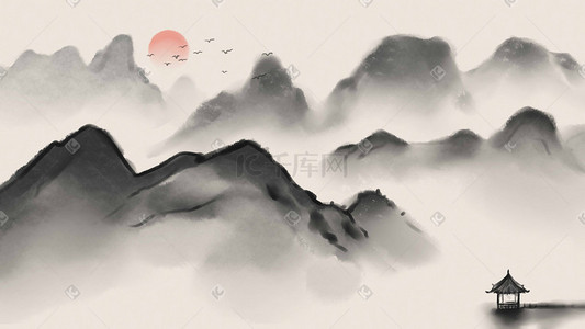 国画山水水墨插画图片_意境水墨古风山水画