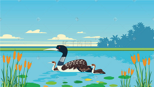 湖泊鸭子风景插画