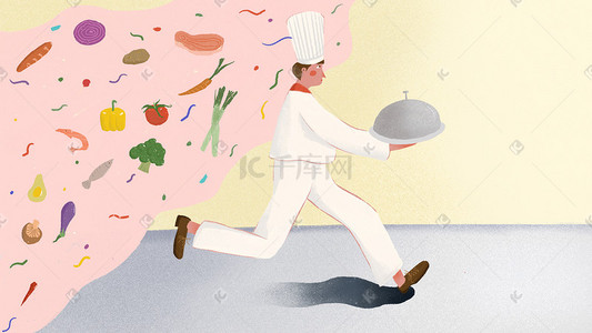 岗位考核插画图片_暖色系劳动节卡通小清新厨师奔跑配图