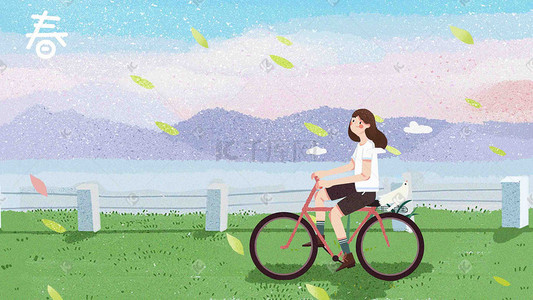 春天踏青踏青插画图片_春天出门踏青旅游骑自行车旅行女孩