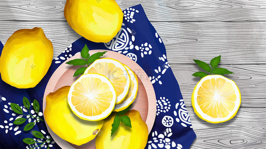 花藤缠绕的木板插画图片_水果柠檬与花布