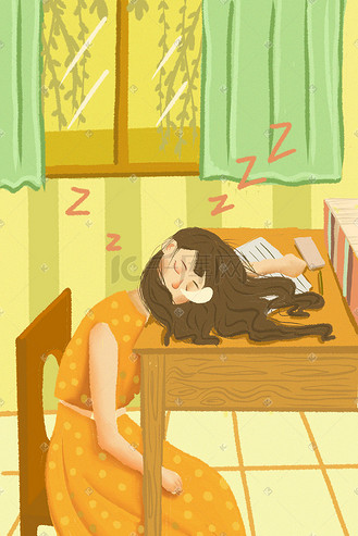 学生趴在桌子上图片素材_春天女孩趴在桌子上睡觉清新插画