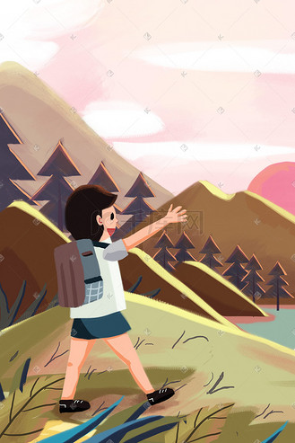 旅游春游旅行风景日落夕阳男孩卡通插画