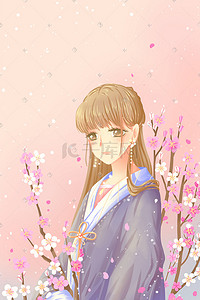 春光美插画图片_粉色唯美卡通少女春季花朝节春游赏花配图